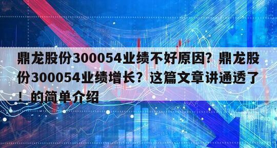 鼎龍股份300054業績不好原因？鼎龍股份300054業績增長？這篇文章講通透了！的簡單介紹